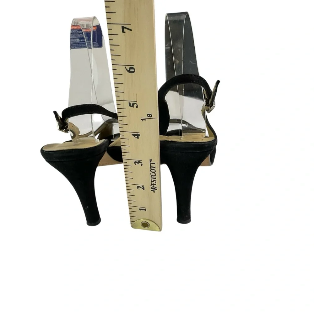 Ellen Tracy Black Suede Peep Toe Slingback Heeled Leather Sole Sandals Size 7.5